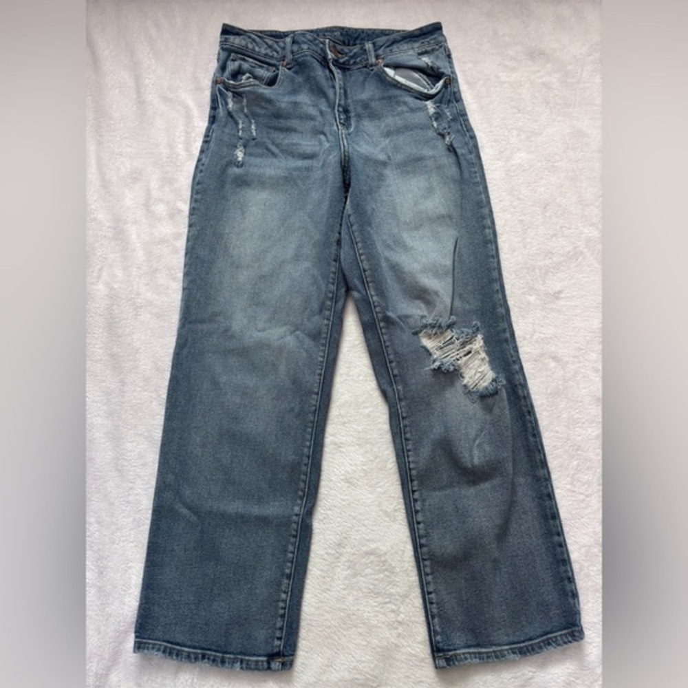 Distressed Wide Leg Jeans Ripped Denim High Waist Blue Size 29‎